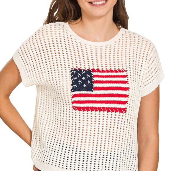 Zenana Viscose American Flag Openwork Knit Top - Picture 2 of 2